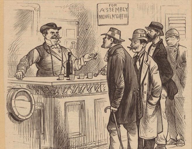 Candidate for assembly and laborers discussing suffrage